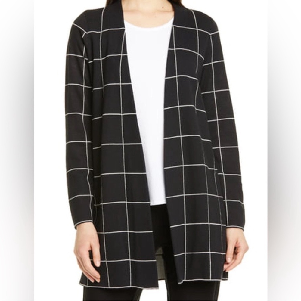 Eileen Fisher Wool Open Front Cardigan Sweater Black Windowpane Size Small